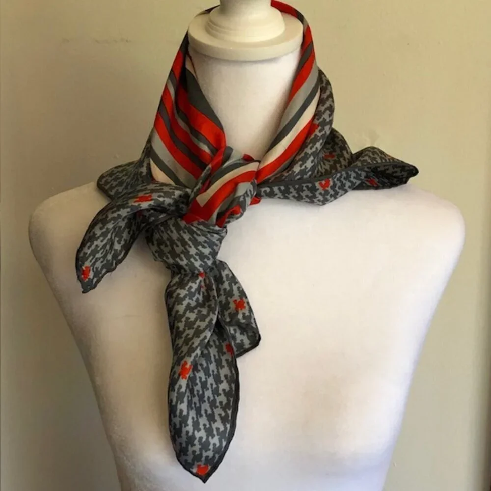 ECHO Silk Gray Red Square Scarf Vintage